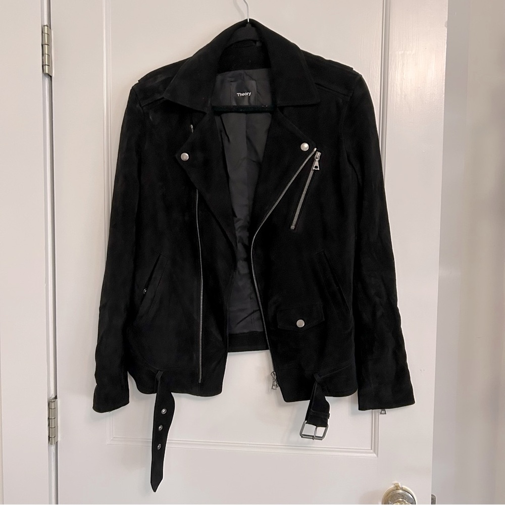 Theory Black Suede Moto Jacket Lamb Leather Biker XS